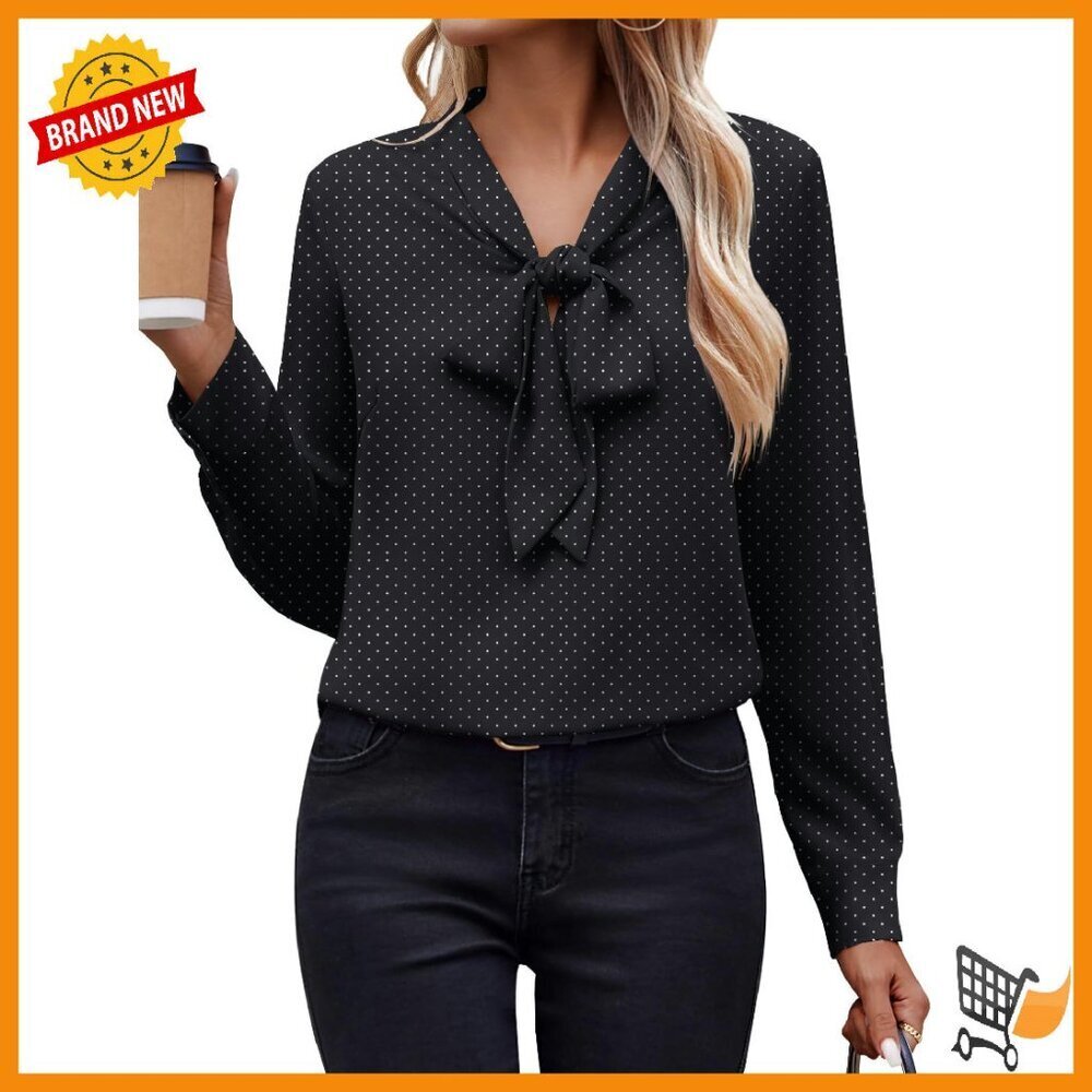 Long Sleeve Chiffon Blouse Bow Tie Neck Business Casual Top